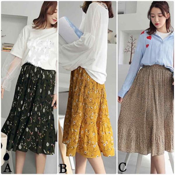 レディース　プリーツスカート　ハイウエスト　ミディ丈　花柄　ボタニカル柄　ボトムス　カジュアル　キュート　大人　可愛い　フェミニン　きれいめ　おしゃれ　お出かけ　デイリー　二次会　お呼ばれ　ブラック　イエロー　ベージュ　フリーサイズ　送料無料