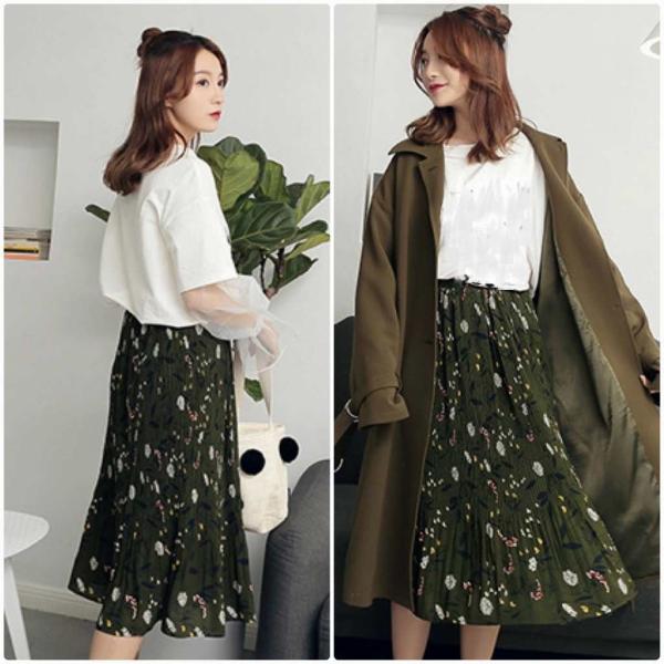 レディース　プリーツスカート　ハイウエスト　ミディ丈　花柄　ボタニカル柄　ボトムス　カジュアル　キュート　大人　可愛い　フェミニン　きれいめ　おしゃれ　お出かけ　デイリー　二次会　お呼ばれ　ブラック　イエロー　ベージュ　フリーサイズ　送料無料