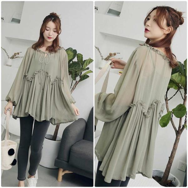 レディース　シフォン　ブラウス　シャツ　透け感　透け素材　パフスリーブ　長袖　トップス　カジュアル　キュート　可愛い　フェミニン　きれいめ　上品　エレガント　おしゃれ　お出かけ　オフィス　デート　デイリー　グリーン　フリーサイズ　送料無料