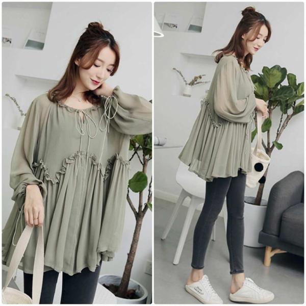レディース　シフォン　ブラウス　シャツ　透け感　透け素材　パフスリーブ　長袖　トップス　カジュアル　キュート　可愛い　フェミニン　きれいめ　上品　エレガント　おしゃれ　お出かけ　オフィス　デート　デイリー　グリーン　フリーサイズ　送料無料