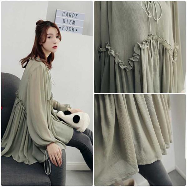 レディース　シフォン　ブラウス　シャツ　透け感　透け素材　パフスリーブ　長袖　トップス　カジュアル　キュート　可愛い　フェミニン　きれいめ　上品　エレガント　おしゃれ　お出かけ　オフィス　デート　デイリー　グリーン　フリーサイズ　送料無料