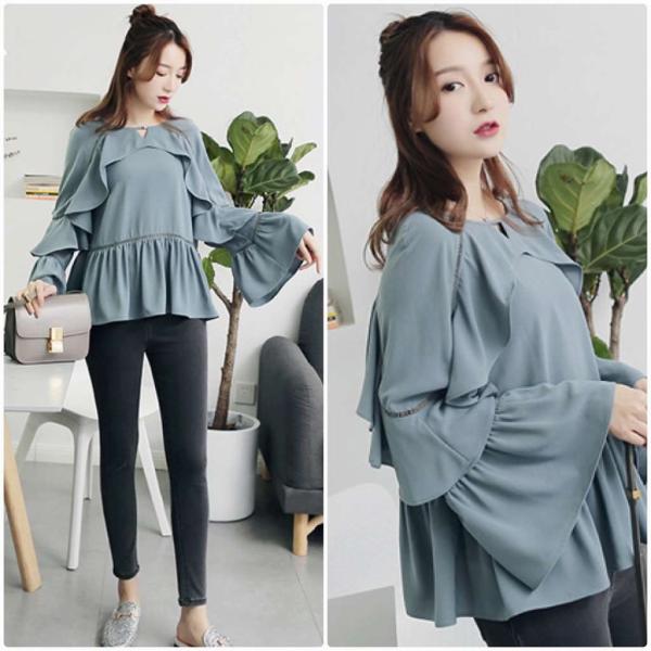 レディース　シフォン　ブラウス　シャツ　フレアスリーブ　長袖　トップス　カジュアル　キュート　可愛い　フェミニン　きれいめ　上品　エレガント　おしゃれ　お出かけ　オフィス　デート　デイリー　ブルー　S　M　L　サイズ　送料無料