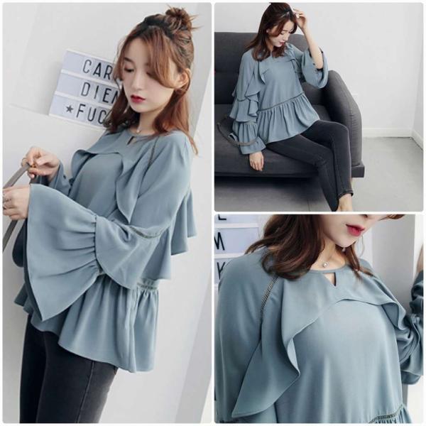レディース　シフォン　ブラウス　シャツ　フレアスリーブ　長袖　トップス　カジュアル　キュート　可愛い　フェミニン　きれいめ　上品　エレガント　おしゃれ　お出かけ　オフィス　デート　デイリー　ブルー　S　M　L　サイズ　送料無料