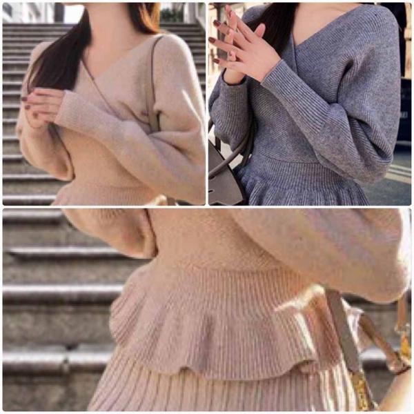 レディース　ニット　セーター　カットソー　長袖　シンプル　Vネック　フレア　トップス　カジュアル　キュート　大人　可愛い　フェミニン　おしゃれ　お出かけ　オフィス　デイリー　普段着　ピンク　グレー　フリーサイズ　ワンサイズ　送料無料