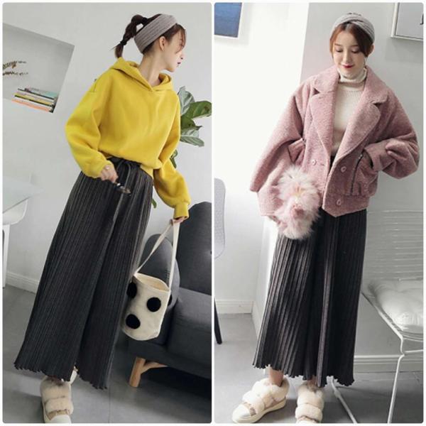 レディース　プリーツ　ワイドレッグパンツ　ハイウエスト　アンクル丈　半端丈　クロップドパンツ　シンプル　ボトムス　カジュアル　キュート　可愛い　フェミニン　きれいめ　エレガント　おしゃれ　お出かけ　オフィス　デイリー　グレー　フリーサイズ　送料無料