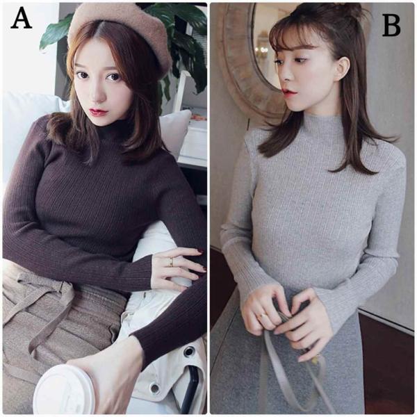レディース　ハイネック　ニット　セーター　カットソー　スリム　タイト　長袖　シンプル　トップス　カジュアル　キュート　大人　可愛い　フェミニン　おしゃれ　お出かけ　オフィス　デイリー　普段着　グレー　フリーサイズ　ワンサイズ　送料無料