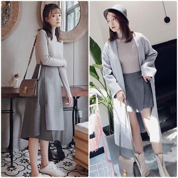 レディース　ハイネック　ニット　セーター　カットソー　スリム　タイト　長袖　シンプル　トップス　カジュアル　キュート　大人　可愛い　フェミニン　おしゃれ　お出かけ　オフィス　デイリー　普段着　グレー　フリーサイズ　ワンサイズ　送料無料