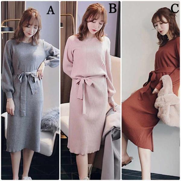 レディース　ワンピース　ニットワンピ　ミモレ丈　ハイウエスト　ラウンドネック　長袖　レース　カジュアル　キュート　可愛い　フェミニン　きれいめ　上品　エレガント　おしゃれ　お出かけ　お呼ばれ　グレー　キャラメル　ピンク　フリーサイズ　ワンサイズ　送料無料
