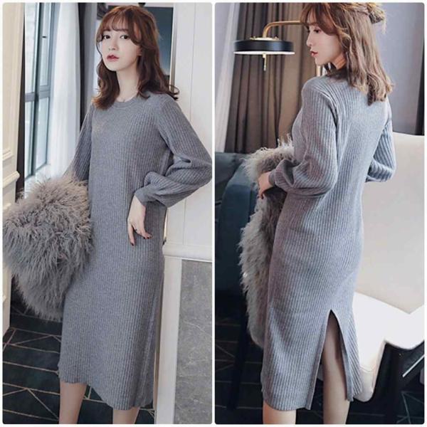 レディース　ワンピース　ニットワンピ　ミモレ丈　ハイウエスト　ラウンドネック　長袖　レース　カジュアル　キュート　可愛い　フェミニン　きれいめ　上品　エレガント　おしゃれ　お出かけ　お呼ばれ　グレー　キャラメル　ピンク　フリーサイズ　ワンサイズ　送料無料