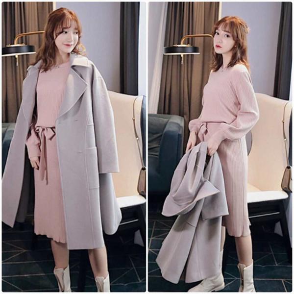 レディース　ワンピース　ニットワンピ　ミモレ丈　ハイウエスト　ラウンドネック　長袖　レース　カジュアル　キュート　可愛い　フェミニン　きれいめ　上品　エレガント　おしゃれ　お出かけ　お呼ばれ　グレー　キャラメル　ピンク　フリーサイズ　ワンサイズ　送料無料