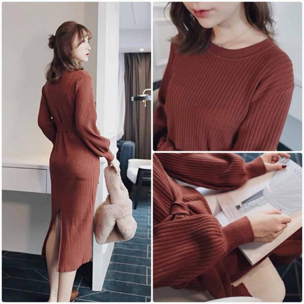 レディース　ワンピース　ニットワンピ　ミモレ丈　ハイウエスト　ラウンドネック　長袖　レース　カジュアル　キュート　可愛い　フェミニン　きれいめ　上品　エレガント　おしゃれ　お出かけ　お呼ばれ　グレー　キャラメル　ピンク　フリーサイズ　ワンサイズ　送料無料