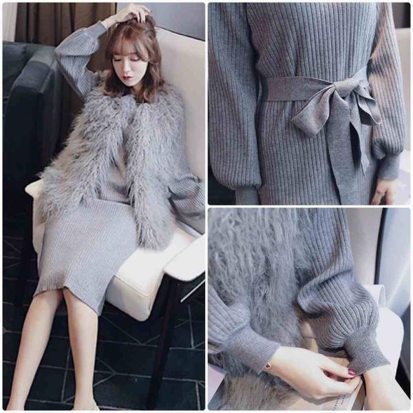 レディース　ワンピース　ニットワンピ　ミモレ丈　ハイウエスト　ラウンドネック　長袖　レース　カジュアル　キュート　可愛い　フェミニン　きれいめ　上品　エレガント　おしゃれ　お出かけ　お呼ばれ　グレー　キャラメル　ピンク　フリーサイズ　ワンサイズ　送料無料