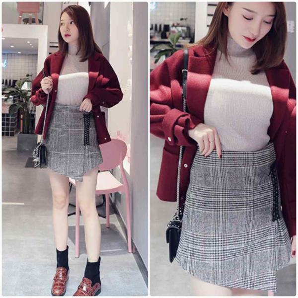 レディース　ウールスカート　ハイウエスト　チェック柄　スリム　ミニ丈　ボトムス　カジュアル　キュート　大人　可愛い　フェミニン　きれいめ　おしゃれ　お出かけ　デイリー　二次会　お呼ばれ　グレー　S　M　L　サイズ　送料無料