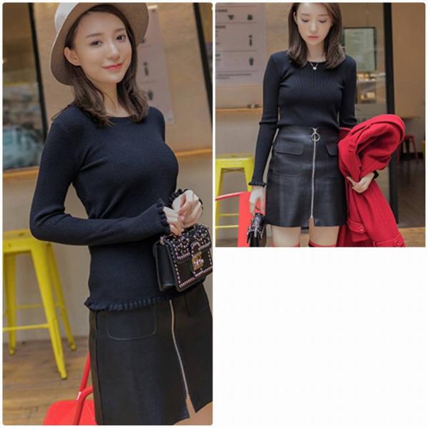 レディース　ラウンドネック　ニット　フリル　セーター　カットソー　スリム　タイト　長袖　シンプル　トップス　カジュアル　キュート　大人　可愛い　フェミニン　おしゃれ　お出かけ　オフィス　デイリー　普段着　ブラック　フリーサイズ　ワンサイズ　送料無料