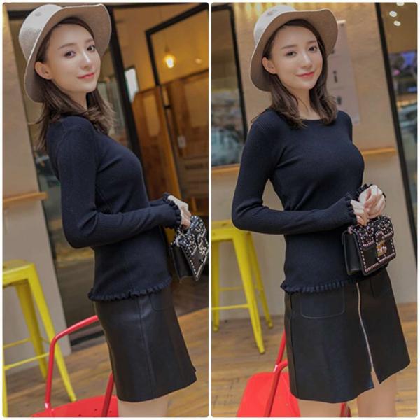 レディース　ラウンドネック　ニット　フリル　セーター　カットソー　スリム　タイト　長袖　シンプル　トップス　カジュアル　キュート　大人　可愛い　フェミニン　おしゃれ　お出かけ　オフィス　デイリー　普段着　ブラック　フリーサイズ　ワンサイズ　送料無料