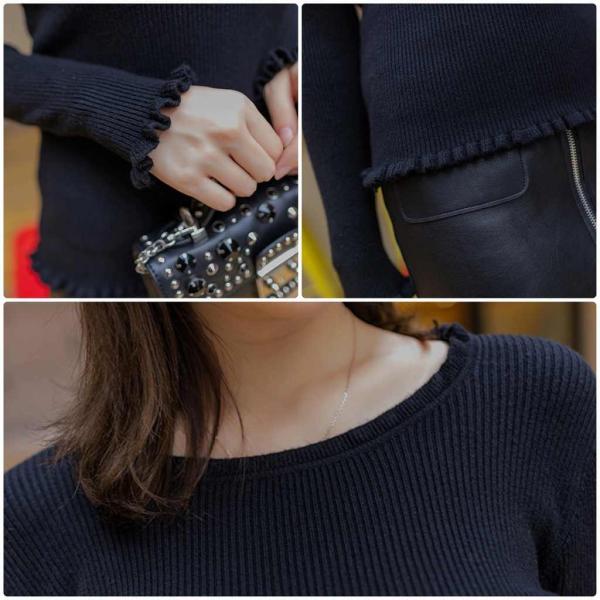 レディース　ラウンドネック　ニット　フリル　セーター　カットソー　スリム　タイト　長袖　シンプル　トップス　カジュアル　キュート　大人　可愛い　フェミニン　おしゃれ　お出かけ　オフィス　デイリー　普段着　ブラック　フリーサイズ　ワンサイズ　送料無料