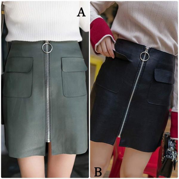 レディース　PUレザー　スカート　ハイウエスト　フロントジッパー　スリム　ミニ丈　ボトムス　カジュアル　キュート　大人　可愛い　フェミニン　きれいめ　おしゃれ　お出かけ　デイリー　二次会　お呼ばれ　グリーン　ブラック　S　M　L　XL　サイズ　送料無料