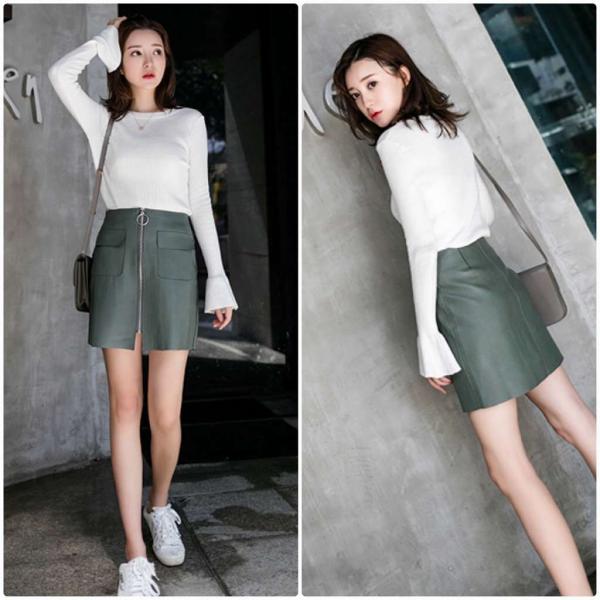 レディース　PUレザー　スカート　ハイウエスト　フロントジッパー　スリム　ミニ丈　ボトムス　カジュアル　キュート　大人　可愛い　フェミニン　きれいめ　おしゃれ　お出かけ　デイリー　二次会　お呼ばれ　グリーン　ブラック　S　M　L　XL　サイズ　送料無料