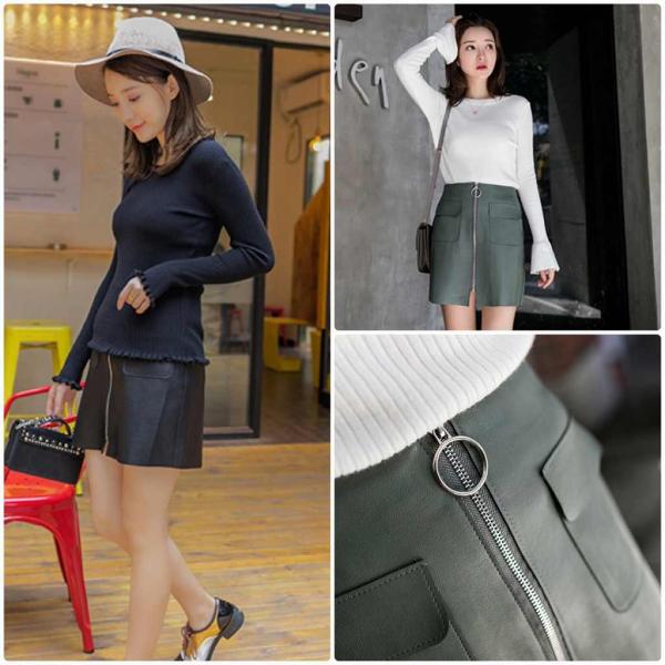 レディース　PUレザー　スカート　ハイウエスト　フロントジッパー　スリム　ミニ丈　ボトムス　カジュアル　キュート　大人　可愛い　フェミニン　きれいめ　おしゃれ　お出かけ　デイリー　二次会　お呼ばれ　グリーン　ブラック　S　M　L　XL　サイズ　送料無料