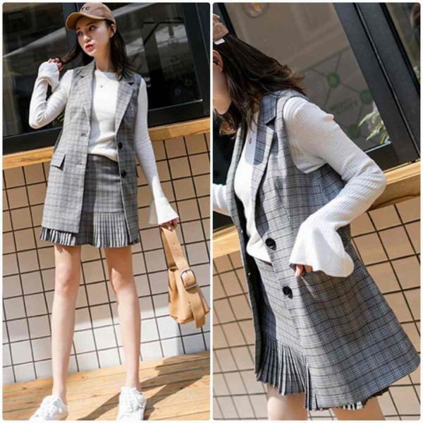 レディース　ジャケット　ベスト　スーツ　ノースリーブ　チェック柄　トップス　カジュアル　キュート　大人　可愛い　フェミニン　おしゃれ　お出かけ　普段着　オフィス　デイリー　グレー　ブラウン　S　M　L　サイズ　送料無料