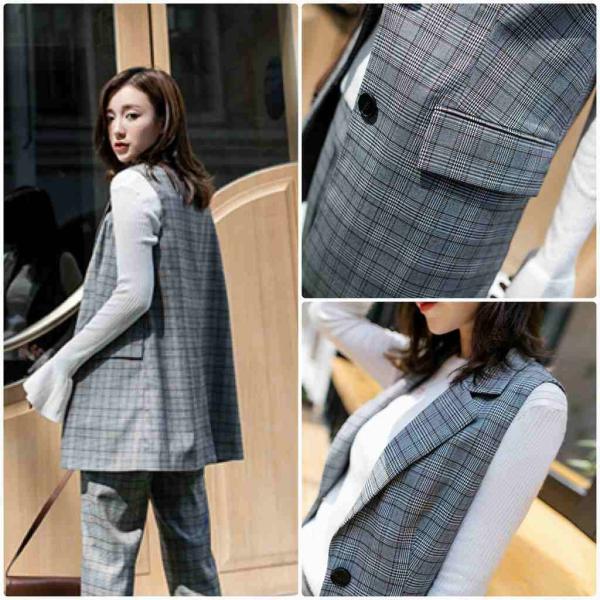 レディース　ジャケット　ベスト　スーツ　ノースリーブ　チェック柄　トップス　カジュアル　キュート　大人　可愛い　フェミニン　おしゃれ　お出かけ　普段着　オフィス　デイリー　グレー　ブラウン　S　M　L　サイズ　送料無料