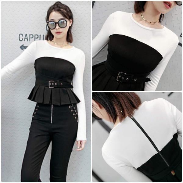 レディース　レイヤード風　チューブトップ　Tシャツ　ブラウス　シャツ　ハイウエスト　長袖　トップス　カジュアル　キュート　可愛い　フェミニン　きれいめ　上品　エレガント　おしゃれ　お出かけ　オフィス　デート　デイリー　ブラック　S　M　L　サイズ　送料無料