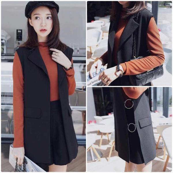 レディース　ジャケット　ベスト　ノースリーブ　無地　シンプル　トップス　カジュアル　キュート　大人　可愛い　フェミニン　おしゃれ　お出かけ　普段着　オフィス　デイリー　ブラック　フリーサイズ　ワンサイズ　送料無料