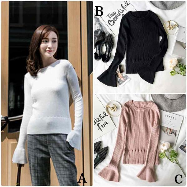 レディース　ニット　フレアスリーブ　セーター　カットソー　スリム　タイト　長袖　シンプル　トップス　カジュアル　キュート　大人　可愛い　フェミニン　おしゃれ　お出かけ　オフィス　デイリー　普段着　ブラック　ピンク　ホワイト　フリーサイズ　送料無料