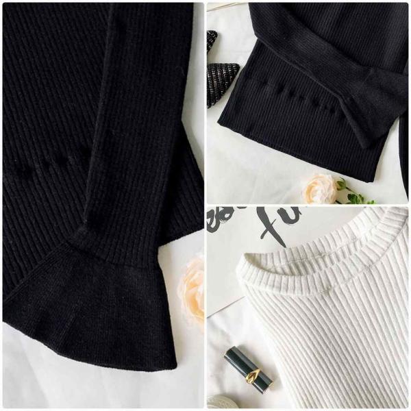レディース　ニット　フレアスリーブ　セーター　カットソー　スリム　タイト　長袖　シンプル　トップス　カジュアル　キュート　大人　可愛い　フェミニン　おしゃれ　お出かけ　オフィス　デイリー　普段着　ブラック　ピンク　ホワイト　フリーサイズ　送料無料