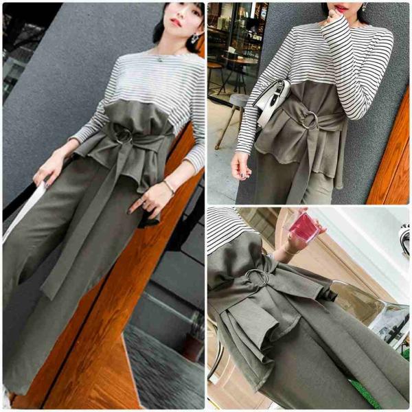 レディース　上下2点セット　ボーダー　ブラウス　ストレートパンツ　アンクル丈　クロップド　半端丈　カジュアル　キュート　可愛い　フェミニン　きれいめ　上品　エレガント　おしゃれ　お出かけ　デイリー　お呼ばれ　グリーン　S　M　L　サイズ　送料無料