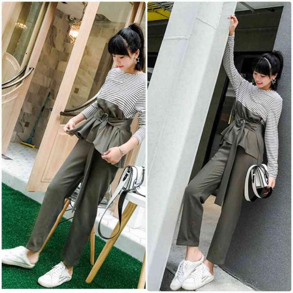 レディース　上下2点セット　ボーダー　ブラウス　ストレートパンツ　アンクル丈　クロップド　半端丈　カジュアル　キュート　可愛い　フェミニン　きれいめ　上品　エレガント　おしゃれ　お出かけ　デイリー　お呼ばれ　グリーン　S　M　L　サイズ　送料無料