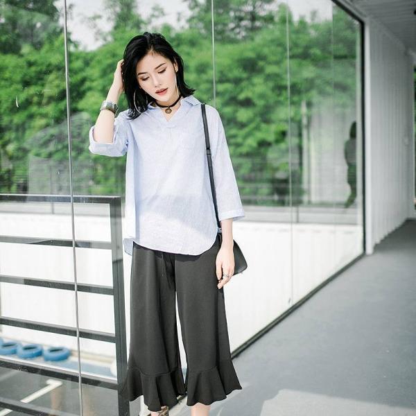 レディース　ブラウス　ストライプシャツ　七分袖　Vネック　トップス　カジュアル　キュート　可愛い　フェミニン　きれいめ　上品　エレガント　おしゃれ　お出かけ　オフィス　デート　デイリー　ブルー　フリーサイズ　ワンサイズ　送料無料