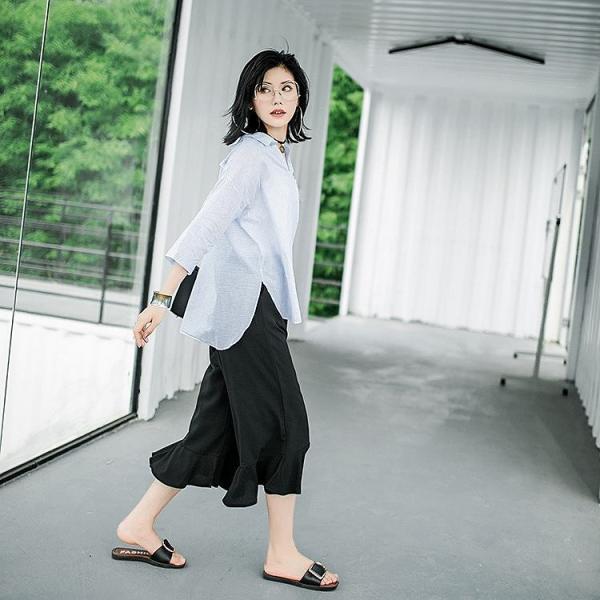 レディース　ブラウス　ストライプシャツ　七分袖　Vネック　トップス　カジュアル　キュート　可愛い　フェミニン　きれいめ　上品　エレガント　おしゃれ　お出かけ　オフィス　デート　デイリー　ブルー　フリーサイズ　ワンサイズ　送料無料