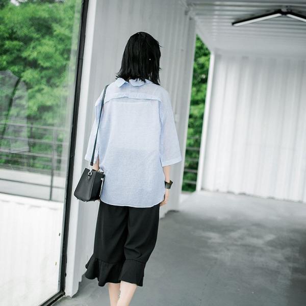 レディース　ブラウス　ストライプシャツ　七分袖　Vネック　トップス　カジュアル　キュート　可愛い　フェミニン　きれいめ　上品　エレガント　おしゃれ　お出かけ　オフィス　デート　デイリー　ブルー　フリーサイズ　ワンサイズ　送料無料