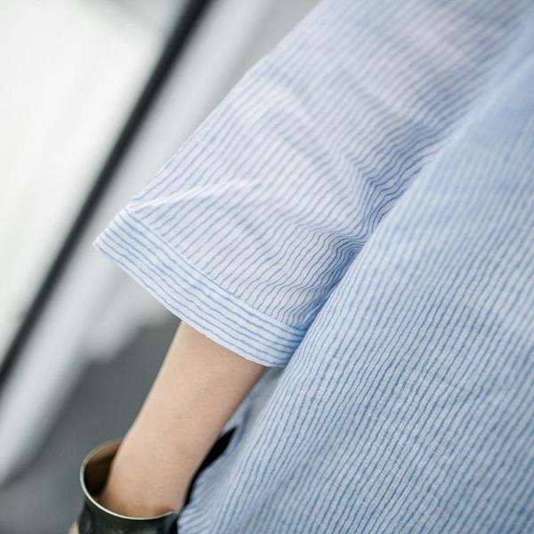 レディース　ブラウス　ストライプシャツ　七分袖　Vネック　トップス　カジュアル　キュート　可愛い　フェミニン　きれいめ　上品　エレガント　おしゃれ　お出かけ　オフィス　デート　デイリー　ブルー　フリーサイズ　ワンサイズ　送料無料