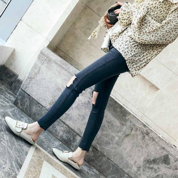 レディース　スキニー　デニムパンツ　カットオフデニム　ダメージ　クラッシュ加工　ジーパン　ジーンズ　ボトムス　カジュアル　キュート　可愛い　フェミニン　きれいめ　おしゃれ　お出かけ　デイリー　普段着　ブルー　ブラック　S　M　L　XL　サイズ　送料無料