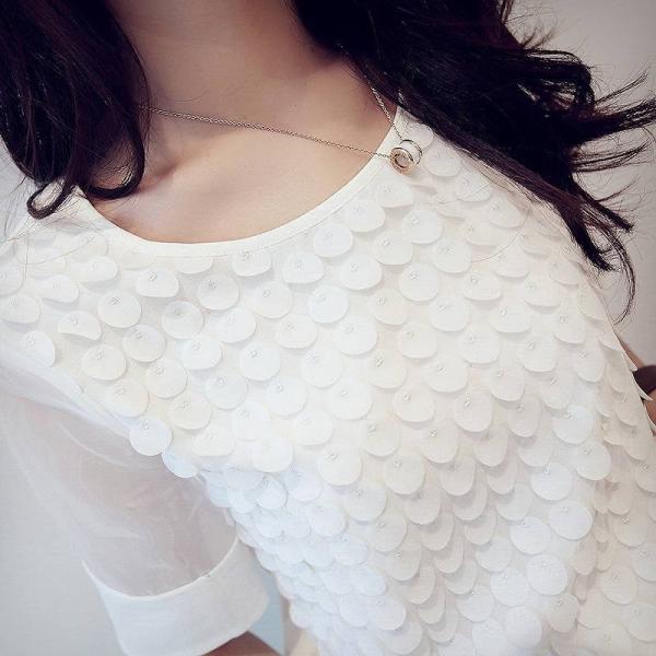 レディース　シフォン　ブラウス　半袖　オーガンザ　透け素材　透け感　トップス　カジュアル　キュート　可愛い　フェミニン　きれいめ　上品　エレガント　おしゃれ　お出かけ　オフィス　デート　デイリー　ホワイト　S　M　サイズ　送料無料