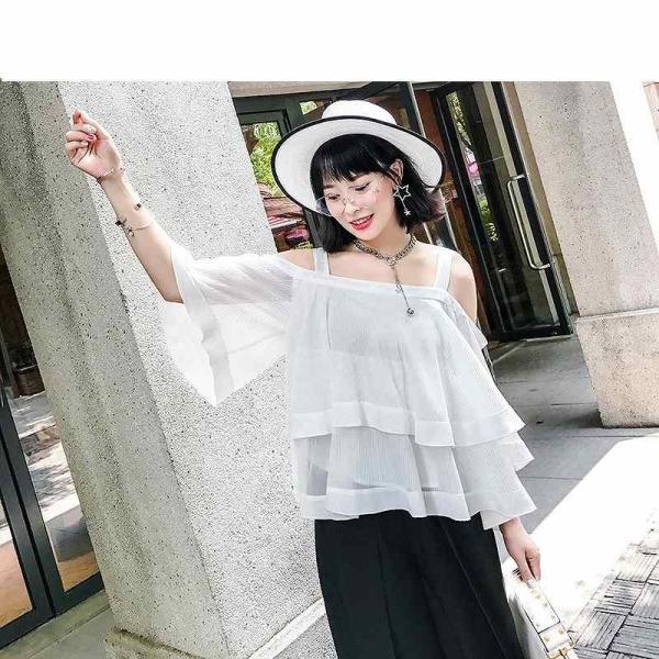 レディース　シフォン　ブラウス　肩出し　肩見せ　オフショルダー　肩紐　トップス　カジュアル　キュート　可愛い　フェミニン　きれいめ　上品　エレガント　おしゃれ　お出かけ　オフィス　デート　デイリー　ホワイト　フリーサイズ　ワンサイズ　送料無料
