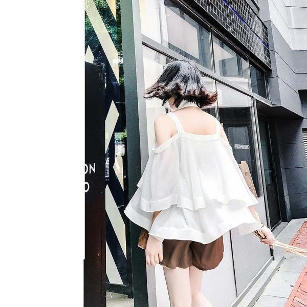 レディース　シフォン　ブラウス　肩出し　肩見せ　オフショルダー　肩紐　トップス　カジュアル　キュート　可愛い　フェミニン　きれいめ　上品　エレガント　おしゃれ　お出かけ　オフィス　デート　デイリー　ホワイト　フリーサイズ　ワンサイズ　送料無料