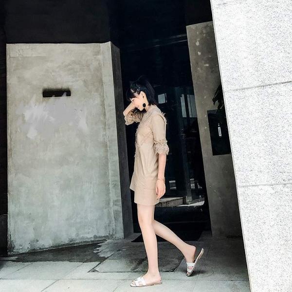 レディース　ワンピース　フレアスリーブ　レース　透け感　ミニ丈　半袖　シンプル　カジュアル　キュート　可愛い　フェミニン　きれいめ　上品　エレガント　おしゃれ　お出かけ　お呼ばれ　カーキ　フリーサイズ　ワンサイズ　送料無料