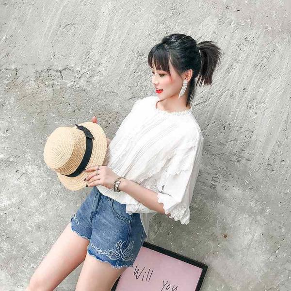 レディース　カットオフデニム　ショートパンツ　短パン　ジーンズ　刺繍　シンプル　ボトムス　カジュアル　キュート　可愛い　フェミニン　きれいめ　エレガント　おしゃれ　お出かけ　デイリー　オフィス　普段着　ブルー　S　M　L　XL　サイズ　送料無料