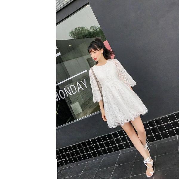 レディース　ワンピース　フレアスリーブ　総レース　透け感　ハイウエスト　ミニ丈　半袖　シンプル　カジュアル　キュート　可愛い　フェミニン　きれいめ　上品　エレガント　おしゃれ　お出かけ　お呼ばれ　ホワイト　S　M　L　サイズ　送料無料