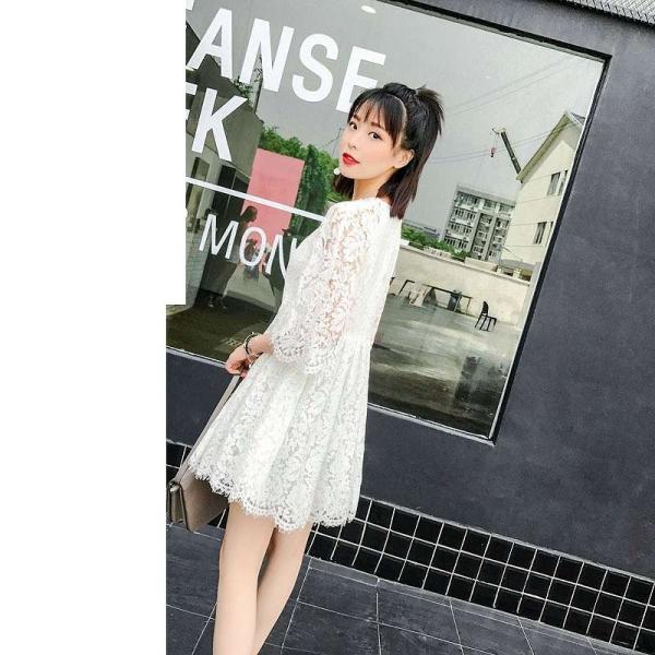 レディース　ワンピース　フレアスリーブ　総レース　透け感　ハイウエスト　ミニ丈　半袖　シンプル　カジュアル　キュート　可愛い　フェミニン　きれいめ　上品　エレガント　おしゃれ　お出かけ　お呼ばれ　ホワイト　S　M　L　サイズ　送料無料