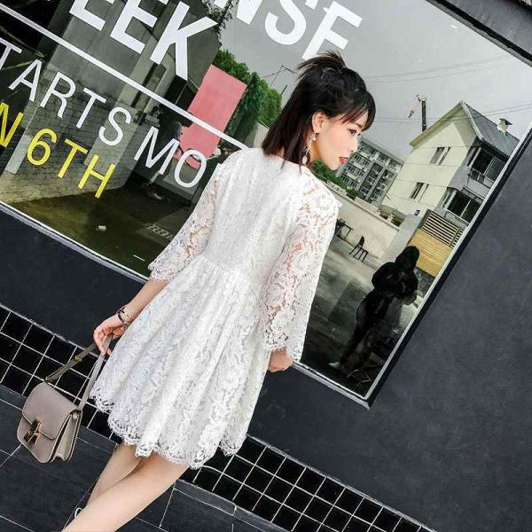レディース　ワンピース　フレアスリーブ　総レース　透け感　ハイウエスト　ミニ丈　半袖　シンプル　カジュアル　キュート　可愛い　フェミニン　きれいめ　上品　エレガント　おしゃれ　お出かけ　お呼ばれ　ホワイト　S　M　L　サイズ　送料無料