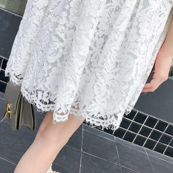 レディース　ワンピース　フレアスリーブ　総レース　透け感　ハイウエスト　ミニ丈　半袖　シンプル　カジュアル　キュート　可愛い　フェミニン　きれいめ　上品　エレガント　おしゃれ　お出かけ　お呼ばれ　ホワイト　S　M　L　サイズ　送料無料