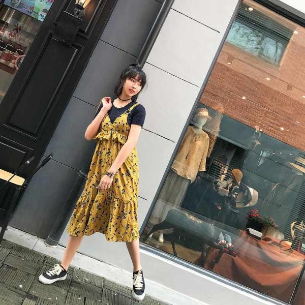 レディース　シフォン　ワンピース　フィッシュテールスカート　ノースリーブ　ミモレ丈　花柄　ボタニカル柄　フレア　カジュアル　キュート　可愛い　フェミニン　きれいめ　上品　エレガント　おしゃれ　お出かけ　お呼ばれ　グリーン　イエロー　S　M　サイズ　送料無料
