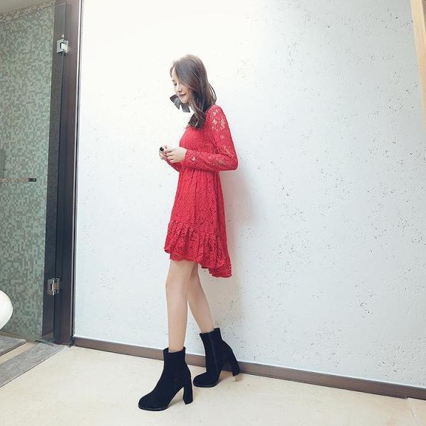 レディース　ワンピース　総レース　透け感　ミニ丈　ハイウエスト　長袖　丸首　フレア　カジュアル　キュート　可愛い　フェミニン　きれいめ　上品　エレガント　おしゃれ　お出かけ　お呼ばれ　レッド　赤　S　M　L　サイズ　送料無料