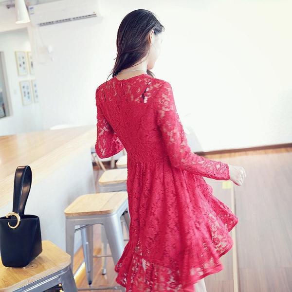 レディース　ワンピース　総レース　透け感　ミニ丈　ハイウエスト　長袖　丸首　フレア　カジュアル　キュート　可愛い　フェミニン　きれいめ　上品　エレガント　おしゃれ　お出かけ　お呼ばれ　レッド　赤　S　M　L　サイズ　送料無料