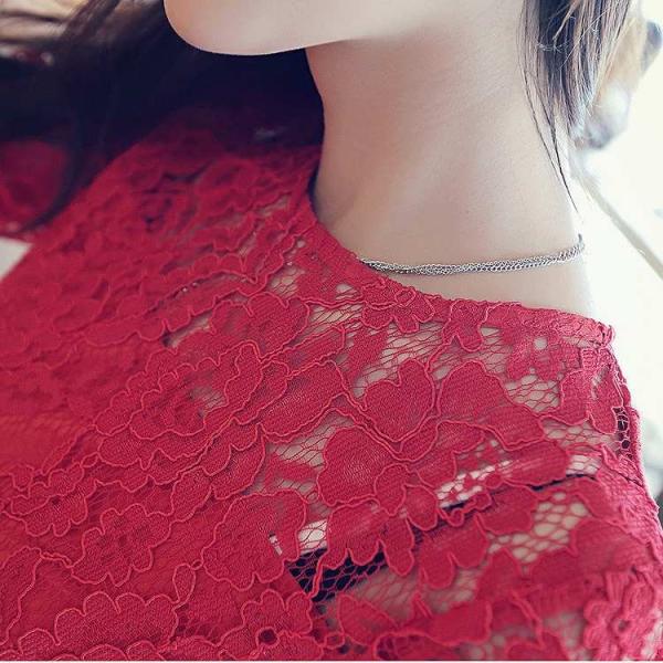 レディース　ワンピース　総レース　透け感　ミニ丈　ハイウエスト　長袖　丸首　フレア　カジュアル　キュート　可愛い　フェミニン　きれいめ　上品　エレガント　おしゃれ　お出かけ　お呼ばれ　レッド　赤　S　M　L　サイズ　送料無料