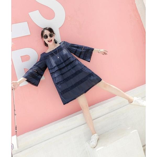 レディース　ワンピース　レース　スクエアネック　ミニ丈　ハイウエスト　七分袖　カジュアル　キュート　可愛い　フェミニン　きれいめ　上品　エレガント　おしゃれ　お出かけ　お呼ばれ　ネイビー　S　M　L　サイズ　送料無料